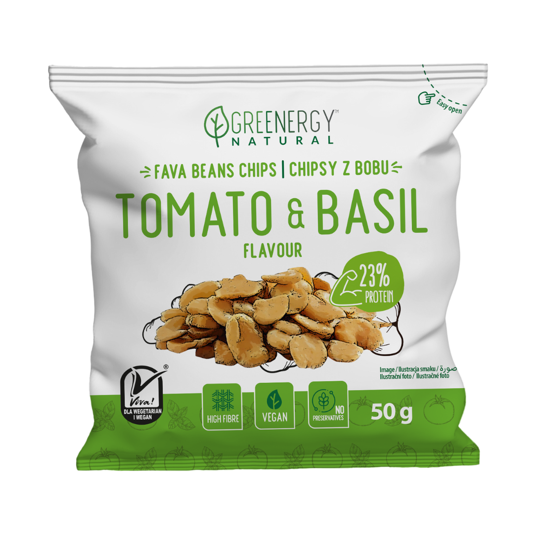 Chipsuri proteice din boabe fava – Aromă de roșii și busuioc